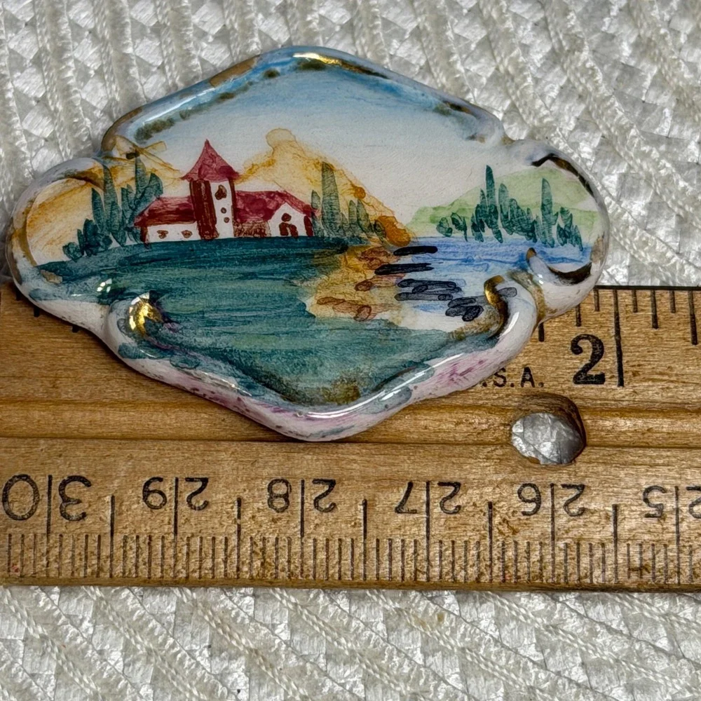 Vintage Hand Painted Ceramic Brooch Pin Landscape Church Water Gold Gilt C-Clasp